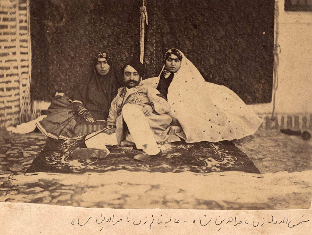 Naser al-Din Shah Qajar and Two of His Wives, ca. 1880, via Kimia Foundation