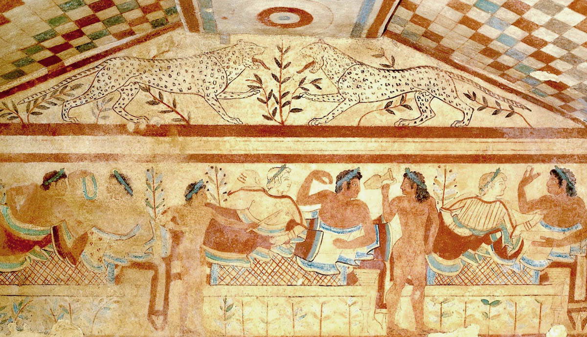 Wall painting from the Tomb of the Leopards in the necropolis at Tarquinia in Italy showing a banquet scene.