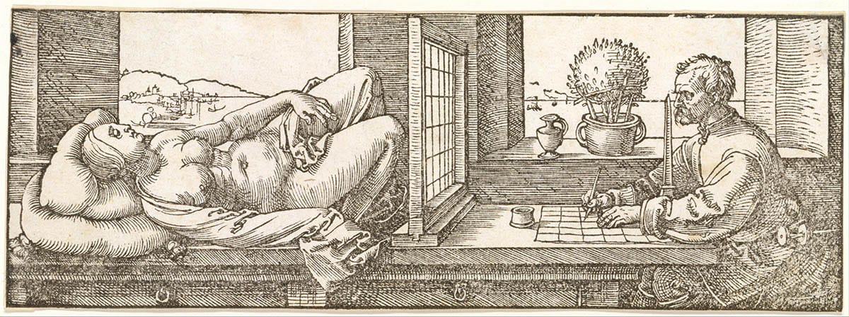 Draughtsman Making A Perspective Drawing of a Reclining Woman, Albrecht Dürer, ca. 1600 via The Met