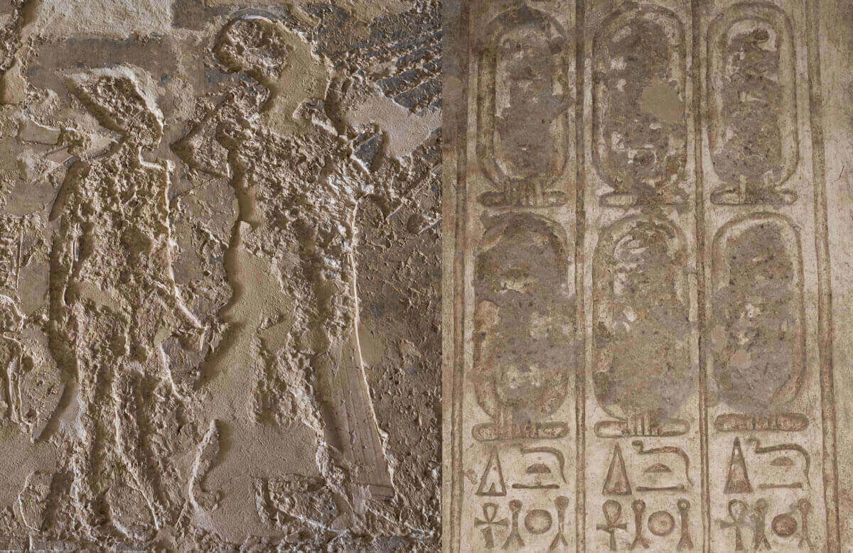 Amarna noble tombs reliefs image Akenaten and Nefertiti erased, chiseled cartouche of Akhenaten deny eternity, Tell el Amarna northern tombs