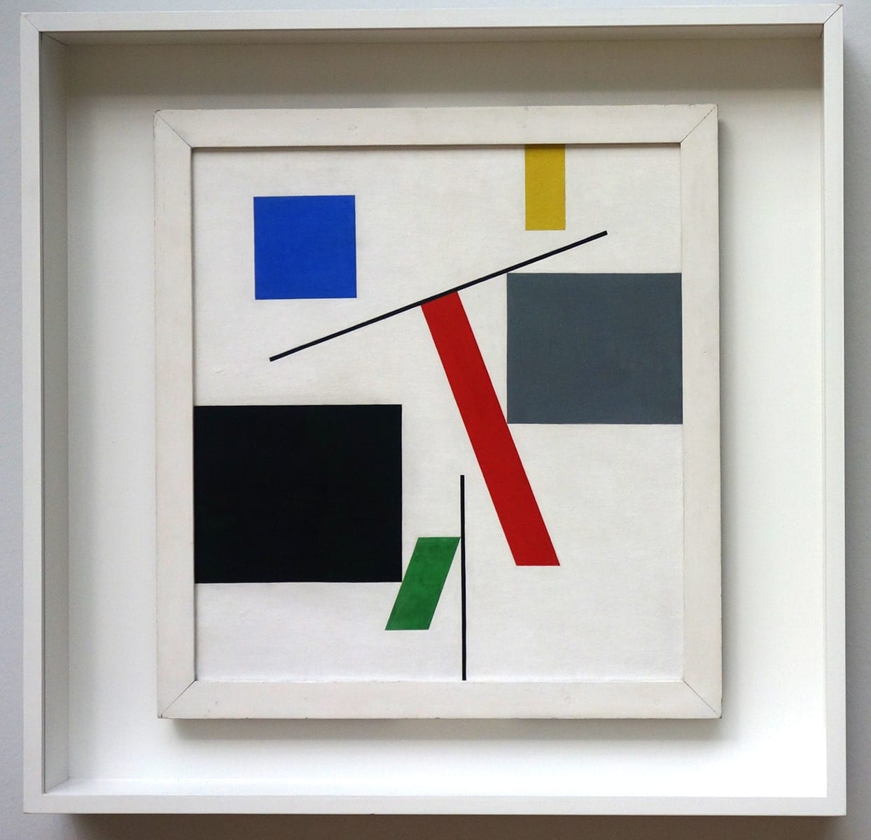 abstract painting of shapes in different colors across a square canvas