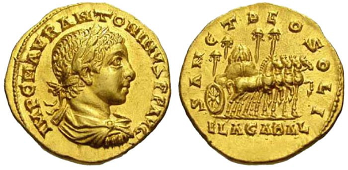 Gold Aureus of Elagabalus with reverse depiction of the stone god’s horse drawn entry into Rome, Antioch, AD 218-222