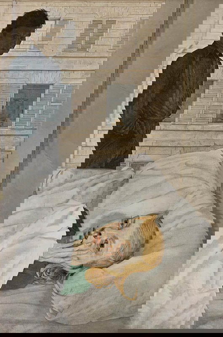 painting of a woman in bed