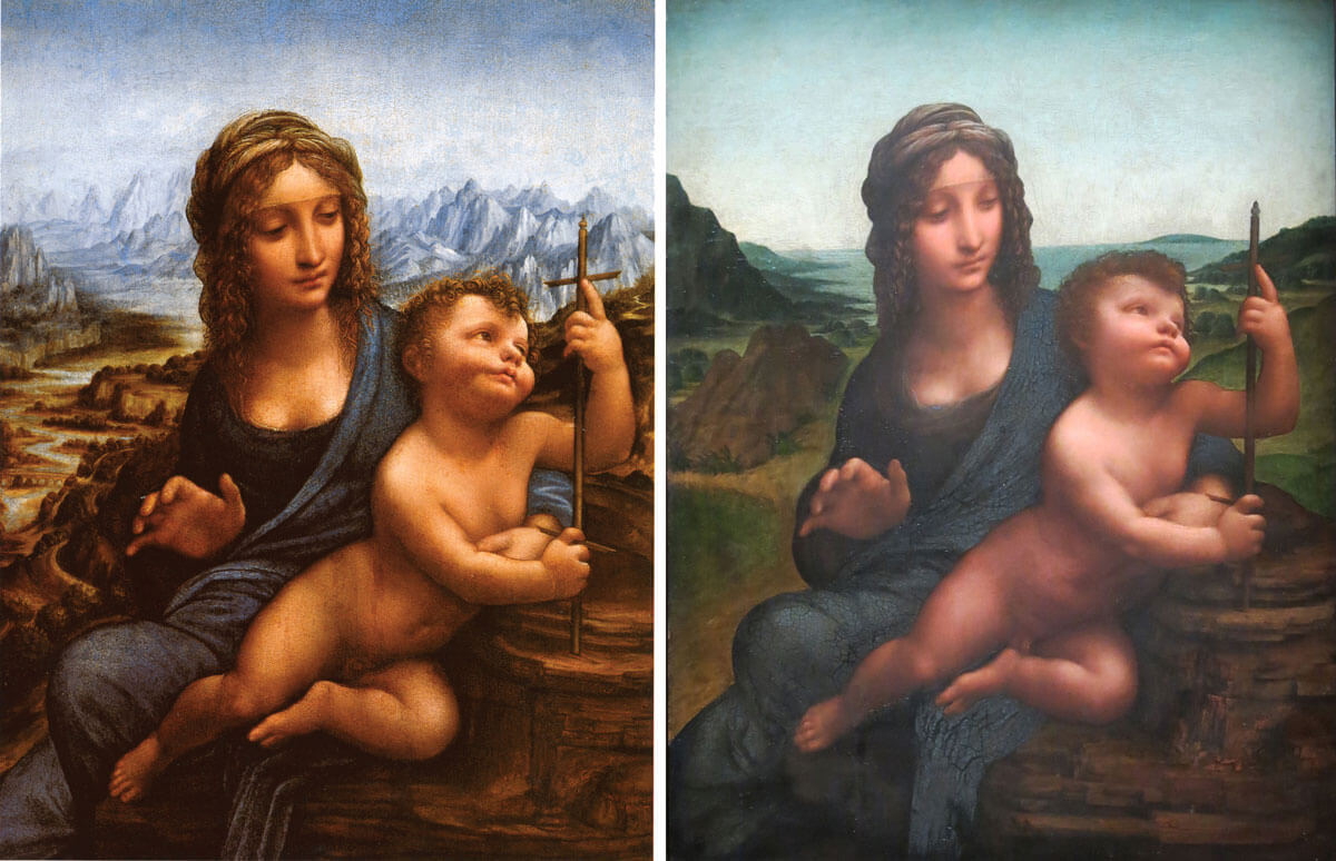 The two Madonnas of the Yarnwinder by Leonardo da Vinci side by side comparison