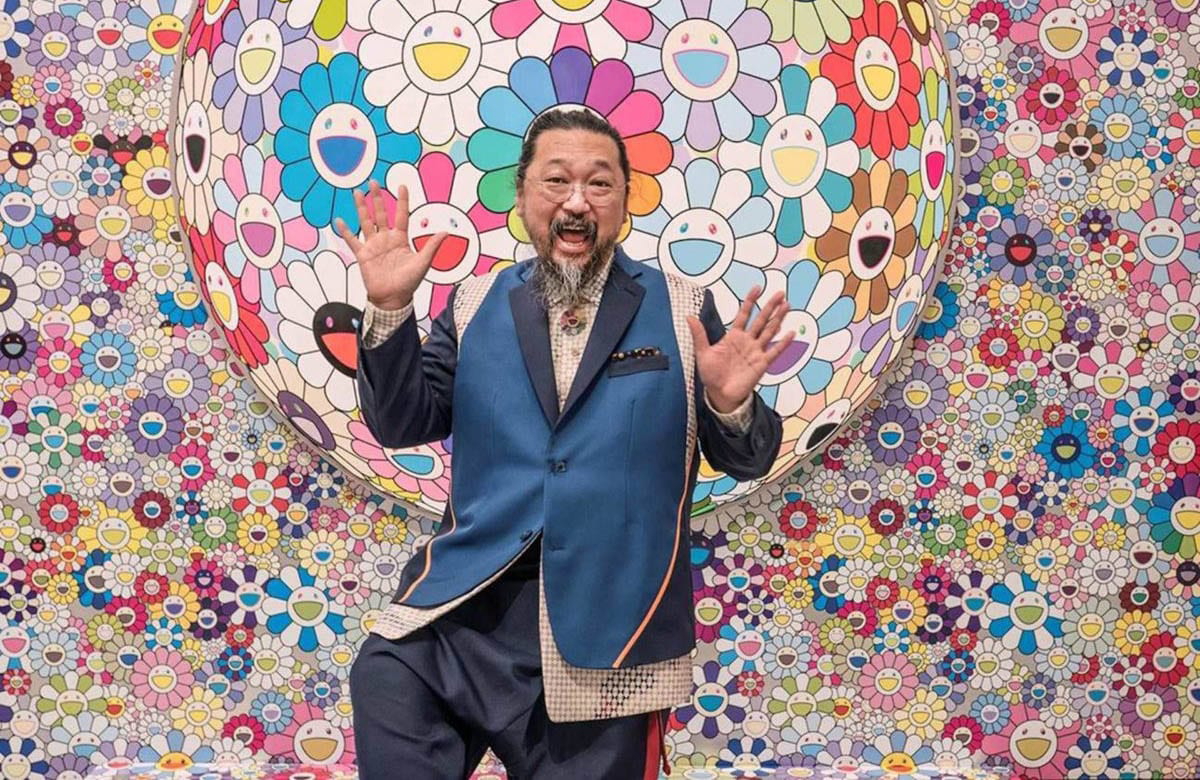 Japanese artist Takashi Murakami posing with his ‘Superflat’ series