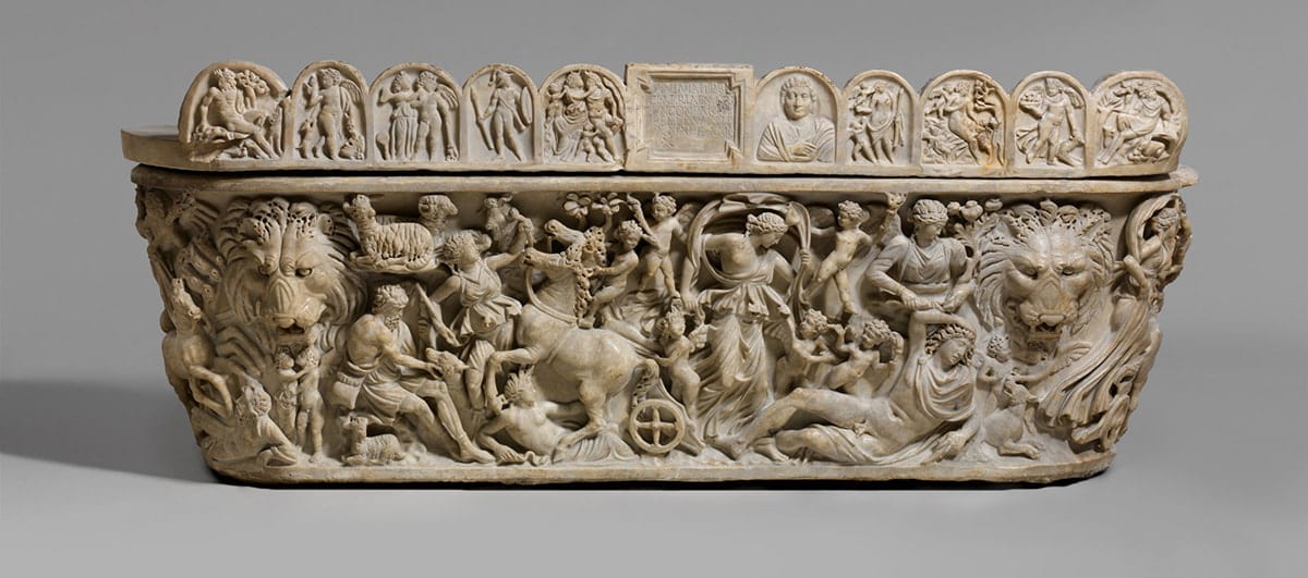 marble sarcophogus featuring figures from greek mythology