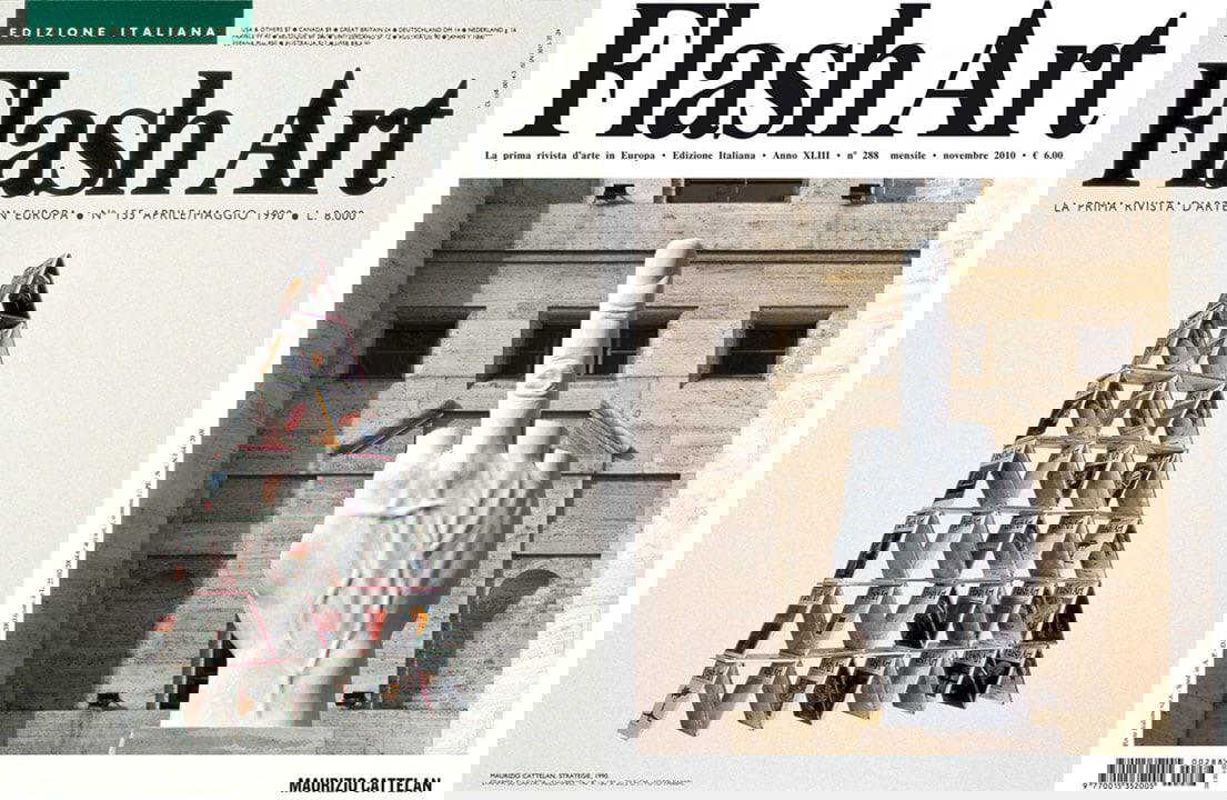 Flash Art magazine covers, artwork by Maurizio Cattelan, 1990 and 2010