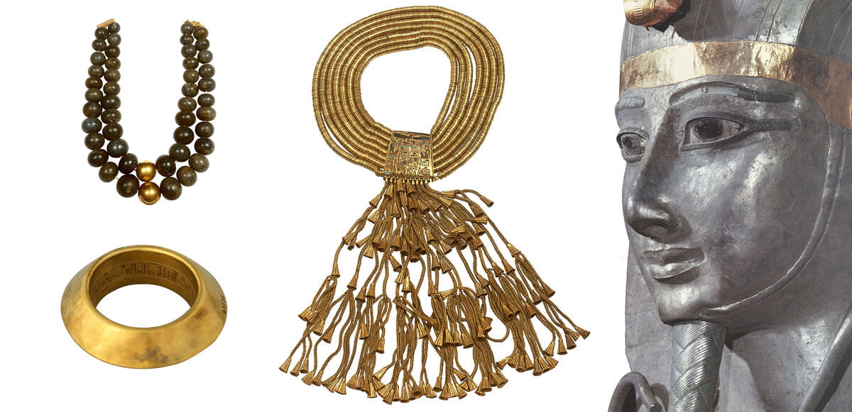 Ancient Egyptian jewelry and gilded pharaoh mask