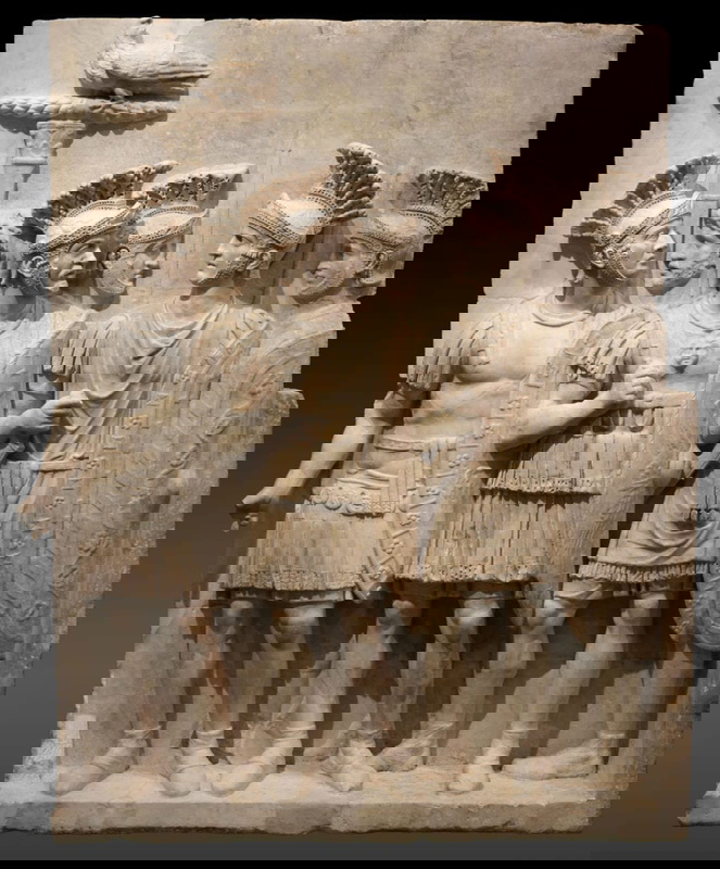 Roman marble relief of the Praetorian Guard in full uniform, The Louvre 