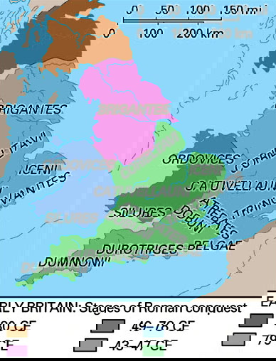 Map showing the stages of the Romans conquest of Britain