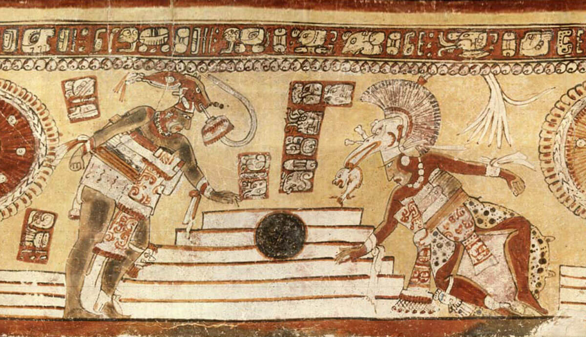 Ball game in Maya ball court, with black rubber ball at the center, K1209, photo Justin Kerr, Mayavase Database