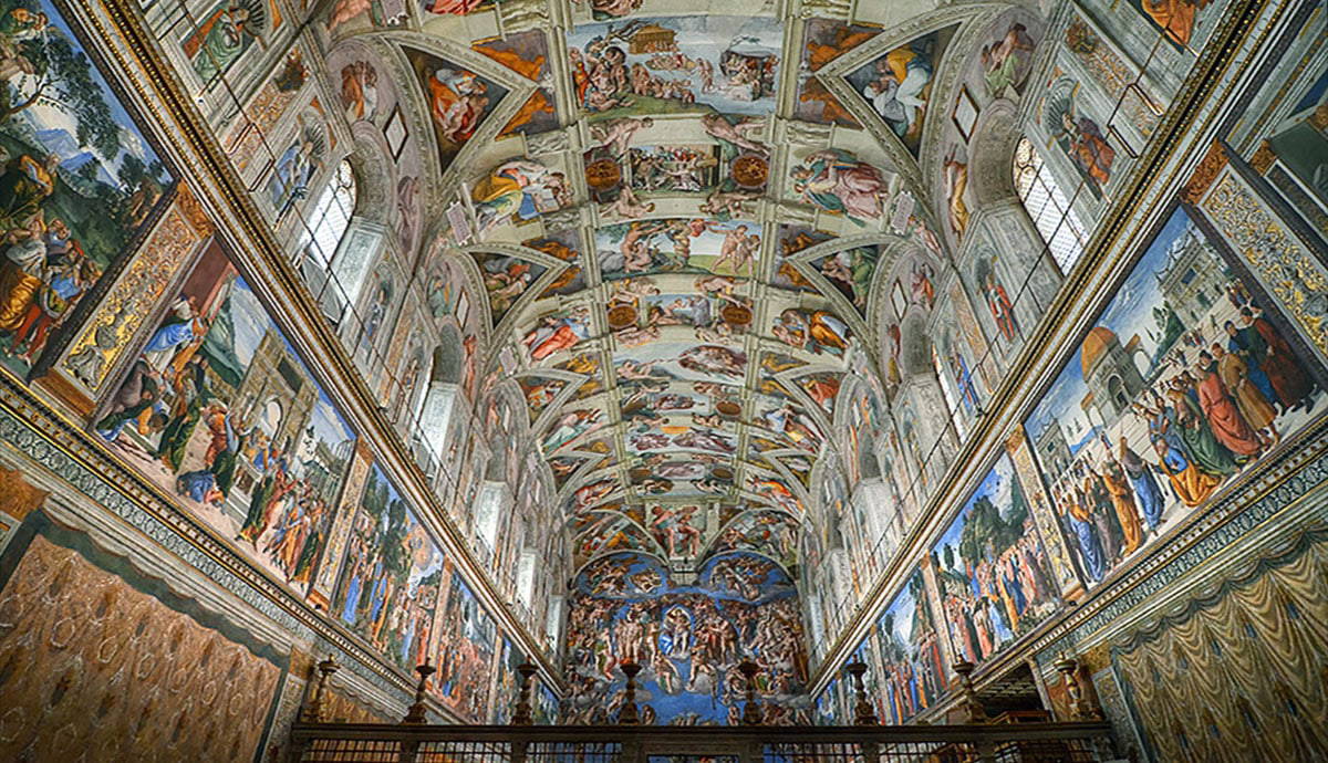 The Sistine Chapel, interior walls and ceiling painted frescoes, Michelangelo