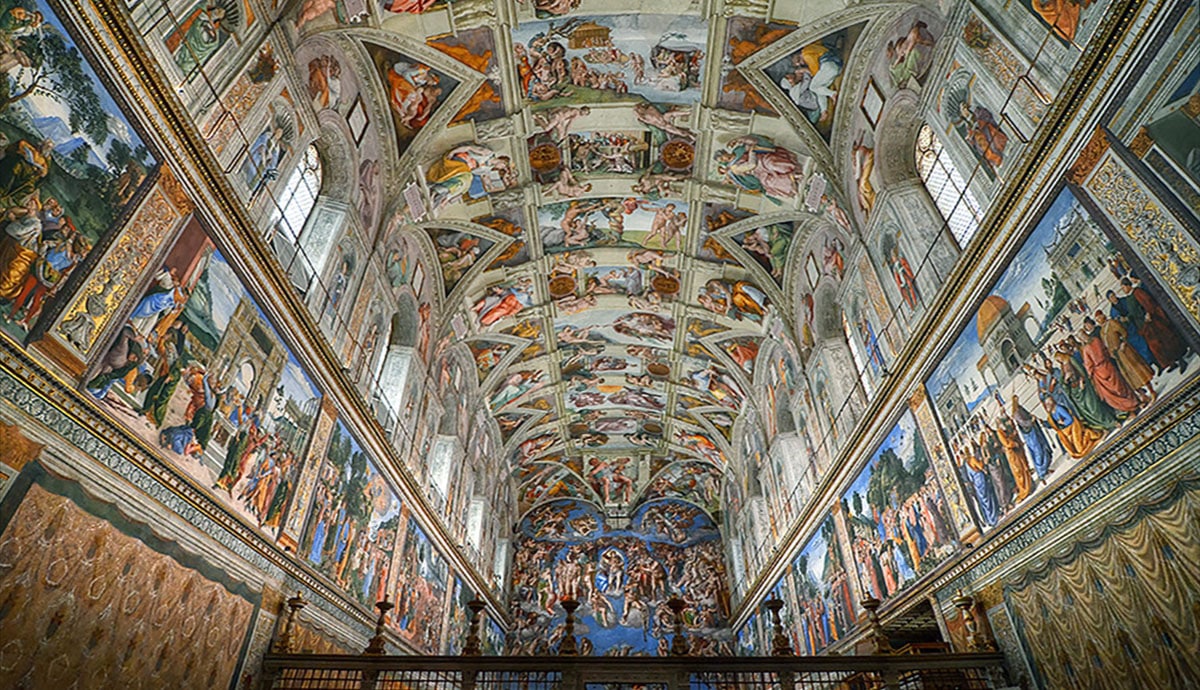 The Sistine Chapel, interior walls and ceiling painted frescoes, Michelangelo