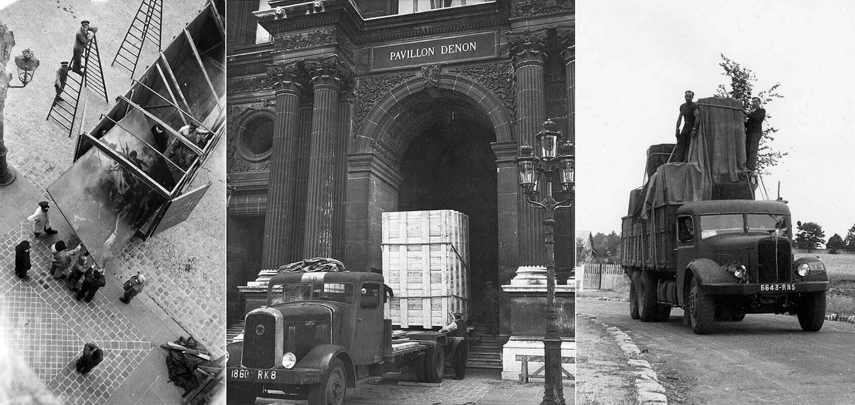 Evacuation Louvre masterpieces lorries 1939 Liberty guiding people, Victory of Samothrace