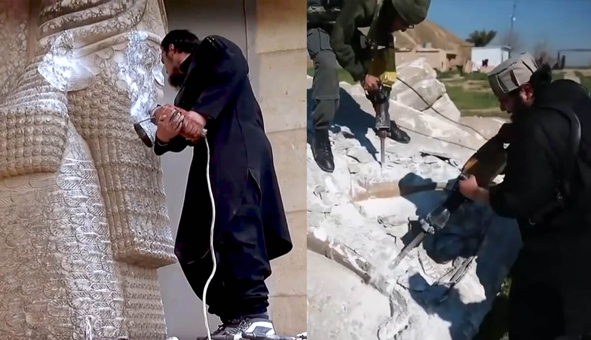 Destruction Of Cultural Heritage jackhammer lamassu Nineveh and Nimrud by Daesh Isis