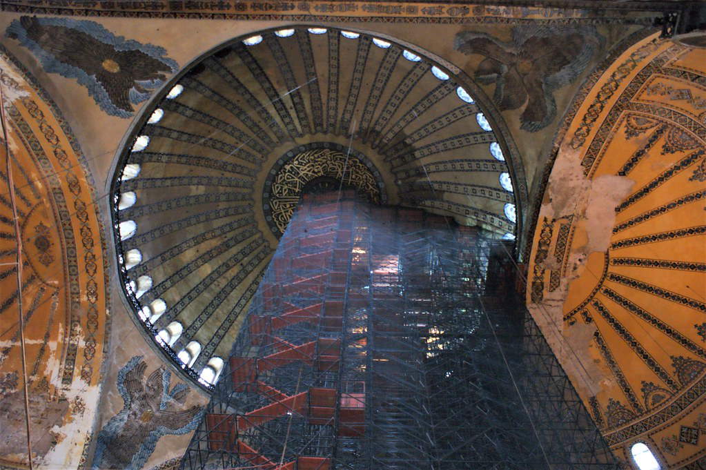 Dome of the Hagia Sophia with scaffolding, 2019. Source: Hugh Llewelyn via Flickr