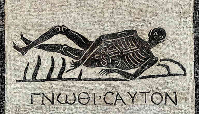 roman floor mosaic skeleton know thyself