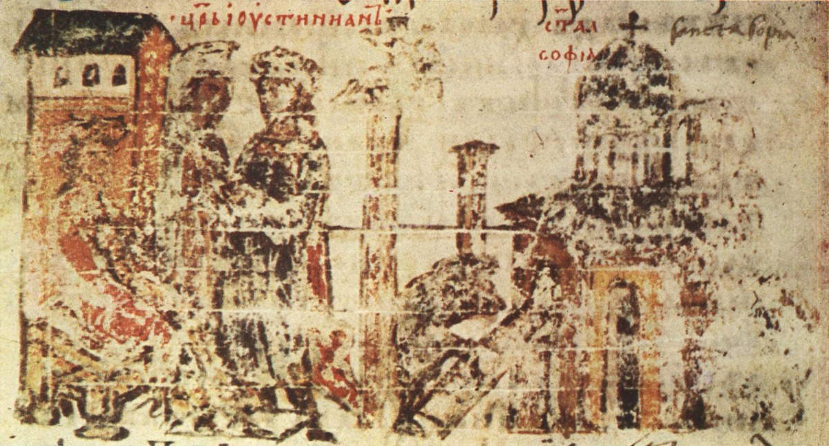 Construction of the Hagia Sophia during the reign of Justinian, miniature 38 from the Constantine Manasses Chronicle, c. 14th century. Source: Wikimedia Commons
