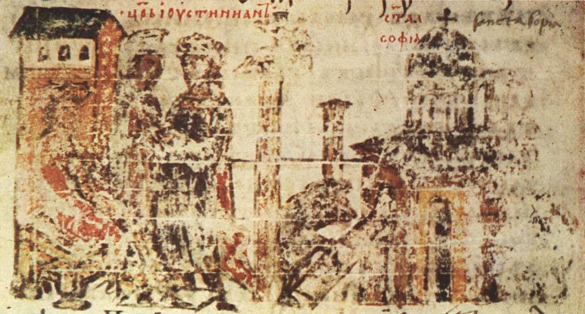 Construction of the Hagia Sophia during the reign of Justinian, miniature 38 from the Constantine Manasses Chronicle, c. 14th century. Source: Wikimedia Commons