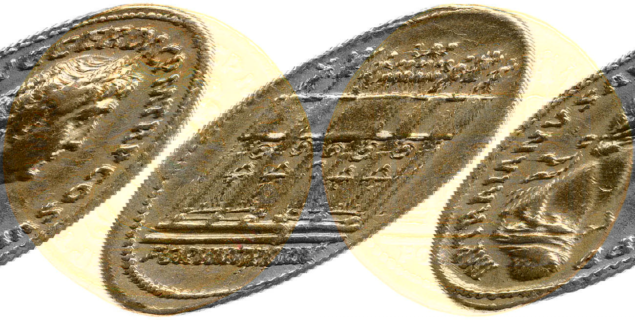 Gold Aureus of emperor Trajan, with reverse showing the Basilica Ulpia in the Forum of Trajan with trophies and quadriga statuary, 112-17 CE. Source: The British Museum