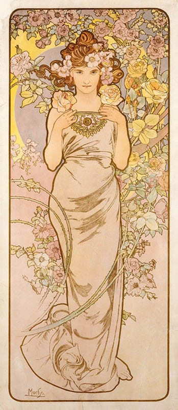 rose four flowers cycle alphonse mucha