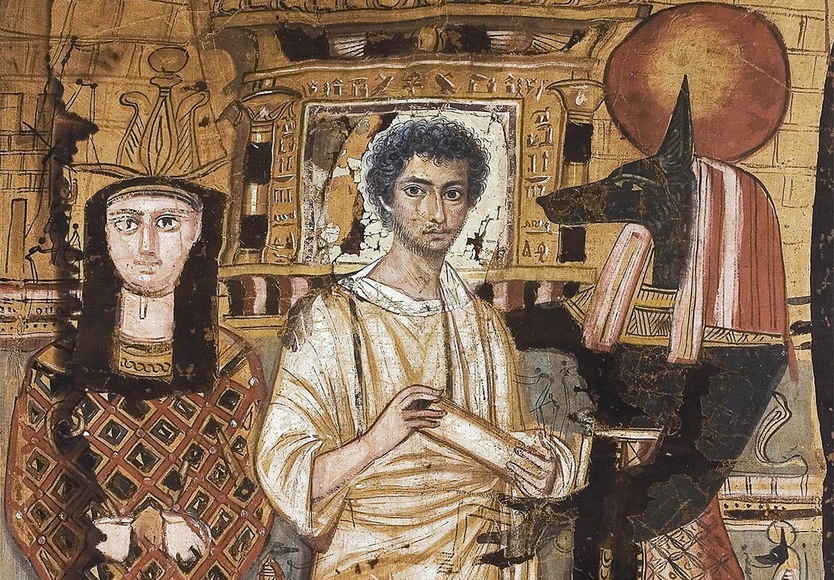 Painted mummy shroud Egyptian man with papyrus roll