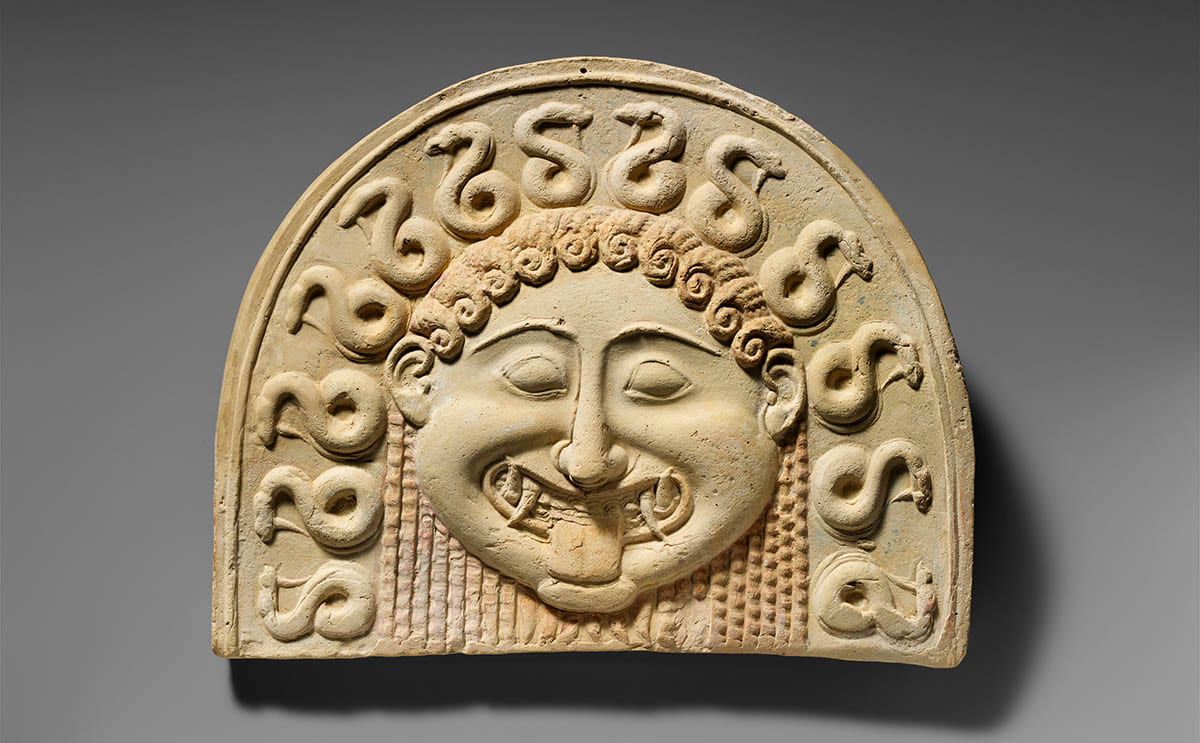 terracotta painted gorgon roof tile