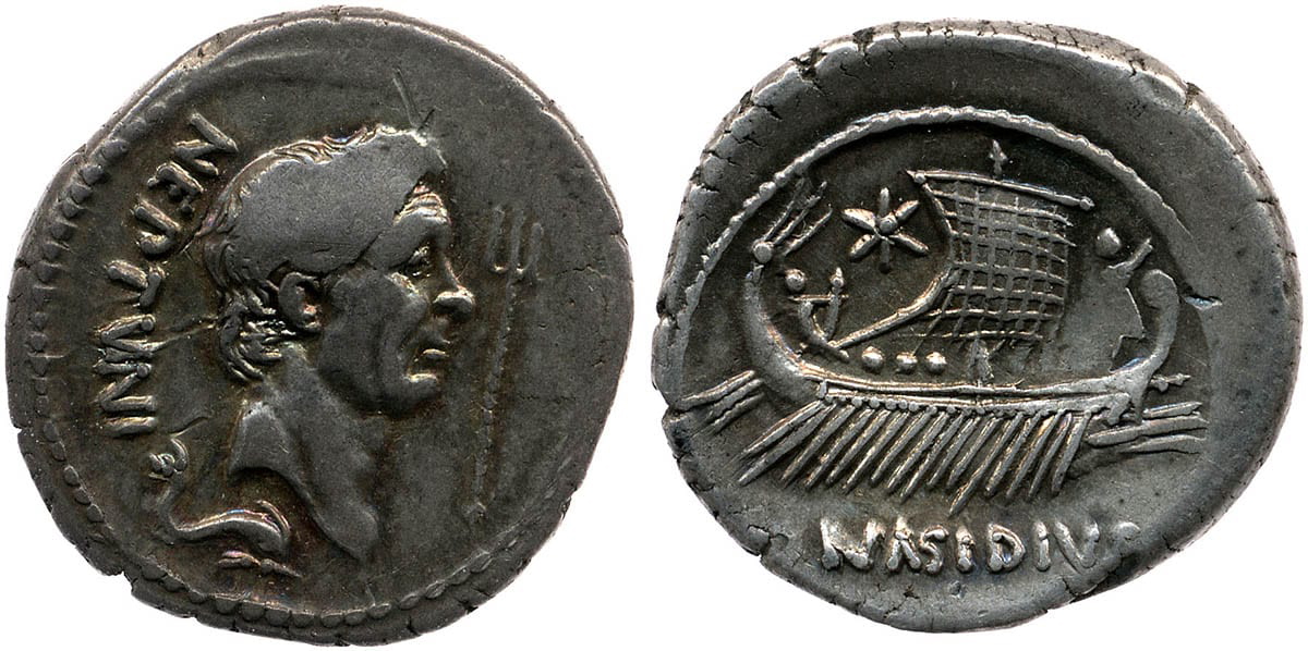 silver coin caesar in britain neptune
