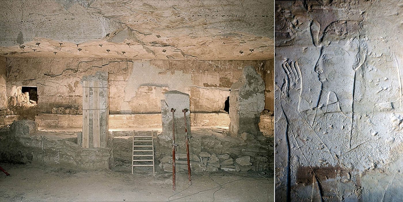 Interior tomb Ramses II KV7 with carved relief Pharaoh
