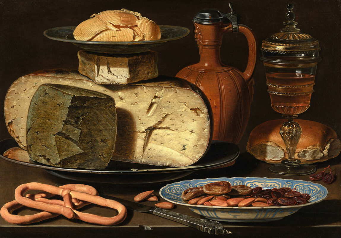 still life cheese almond pretzel clara peters