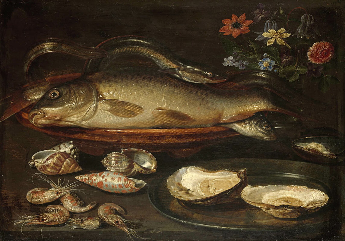 still life fish sea food flowers