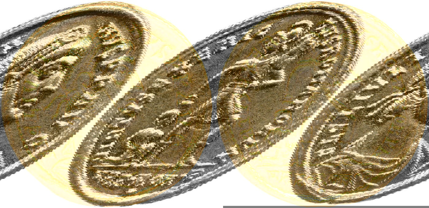 Golden coin of emperor Julian with his signature philosopher beard, reverse depicting emperor dragging the captive, 360-363 CE. Source: British Museum