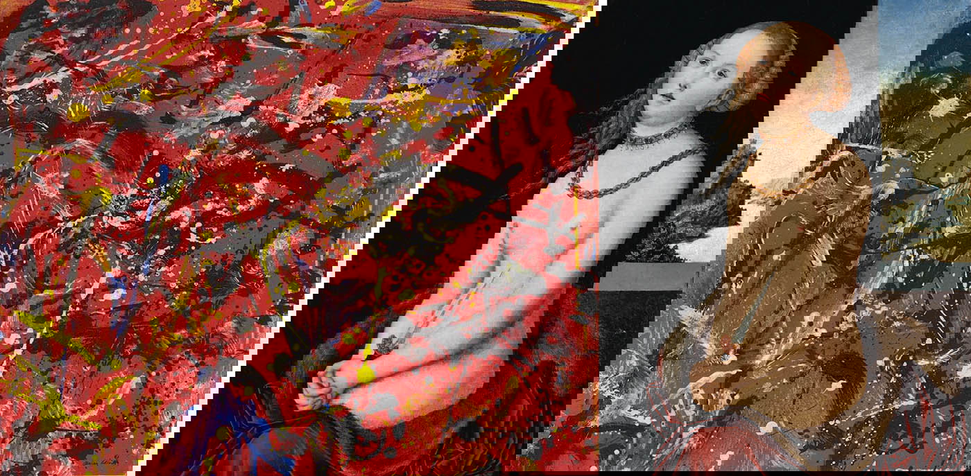 pollock red composition with cranach lucretia painting