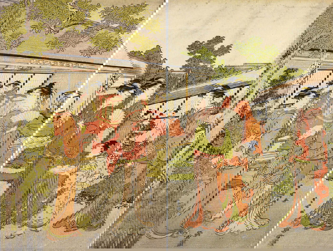 women strolling garden kacho teahouse edo diptych print