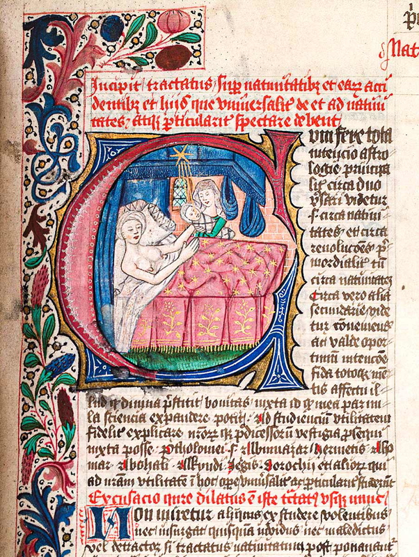 birth scene with a midwife presenting the newborn to the mother
