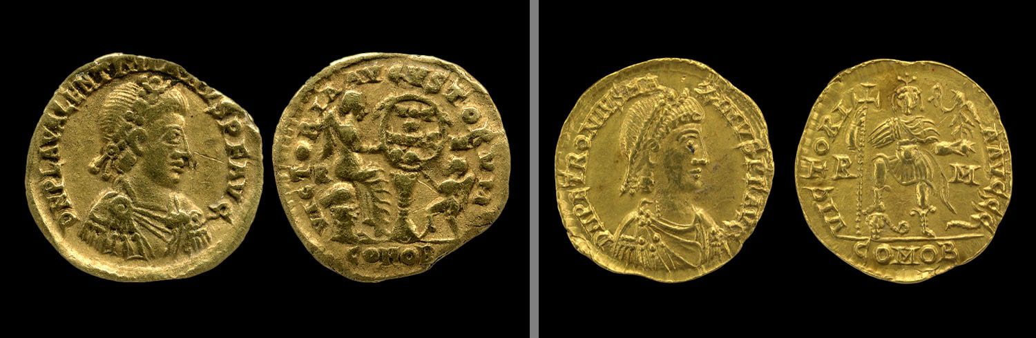 roman gold coin petronius maximus and valentinian iii