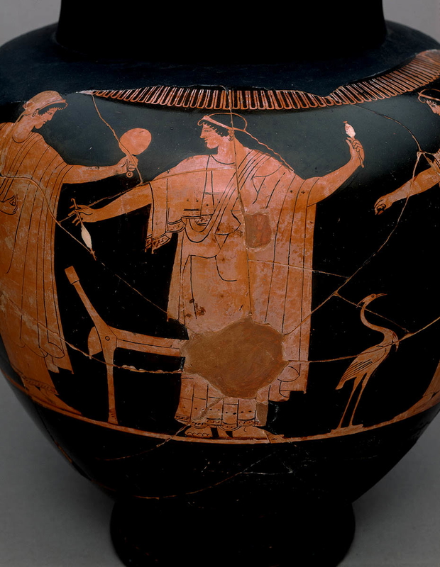 weaving scene red figured vase arachne