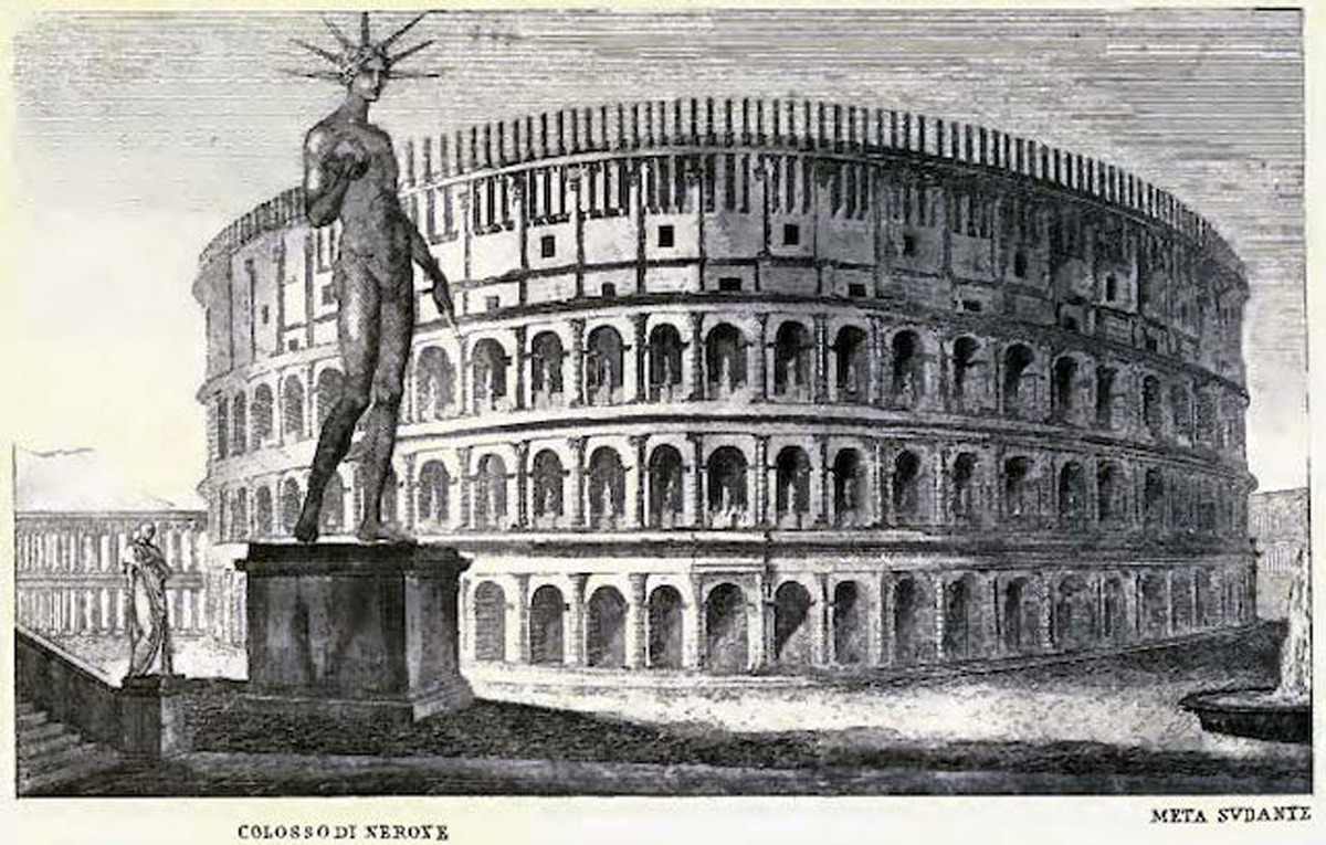 Reconstruction of the Colossus of Nero and the Colosseum in ancient Rome. Line engraving, Italian, 1831. Source: Granger Historical Picture Archive