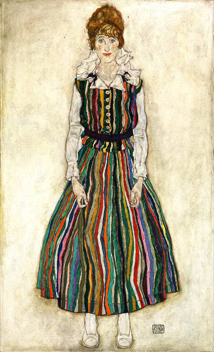 egon schiele portrait edith schiele standing striped dress