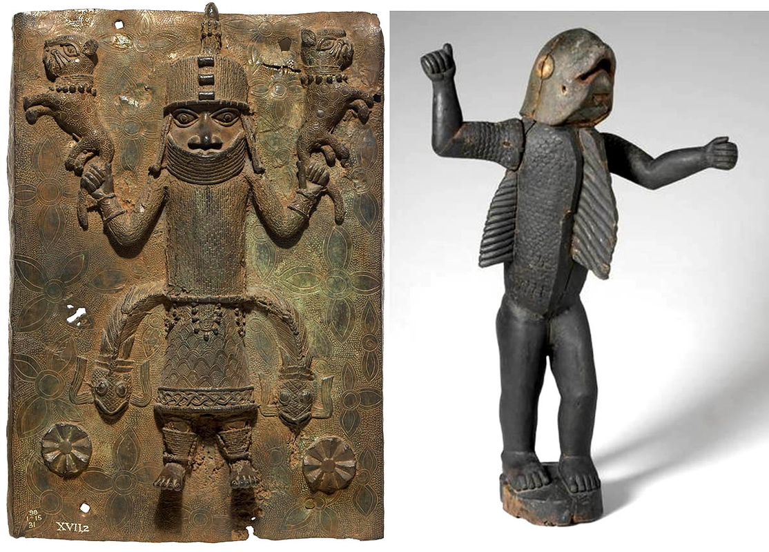 benin bronze plaque and zoomorphic statue royalty