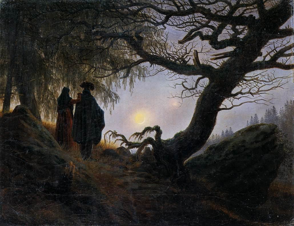 caspar david friedrich man woman contemplating moon painting