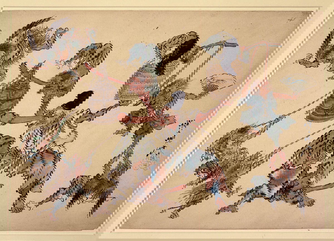 kawanabe yōsaitengu acrobats tengu birds print