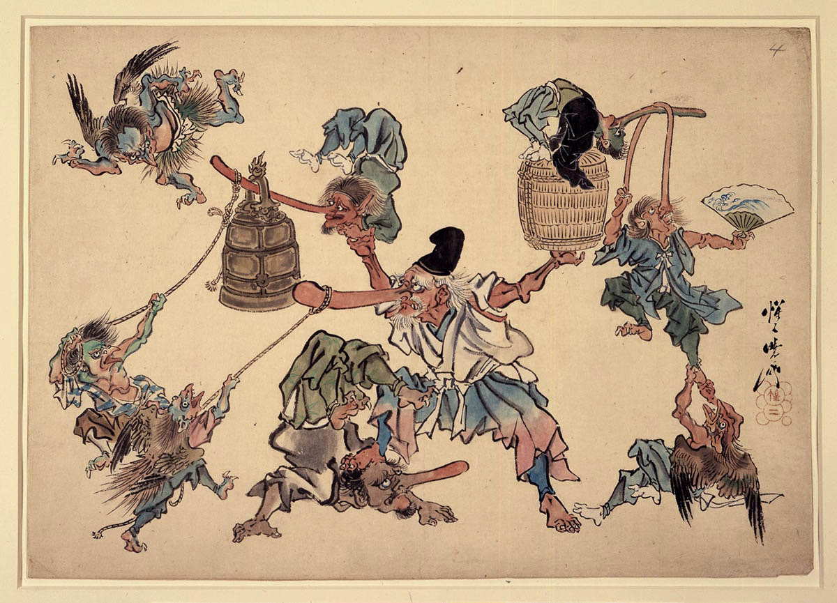 kawanabe yōsaitengu acrobats tengu birds print