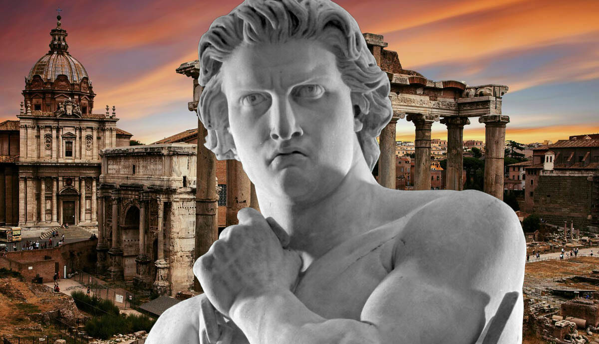 ancient roman ruins with spartacus sculpture