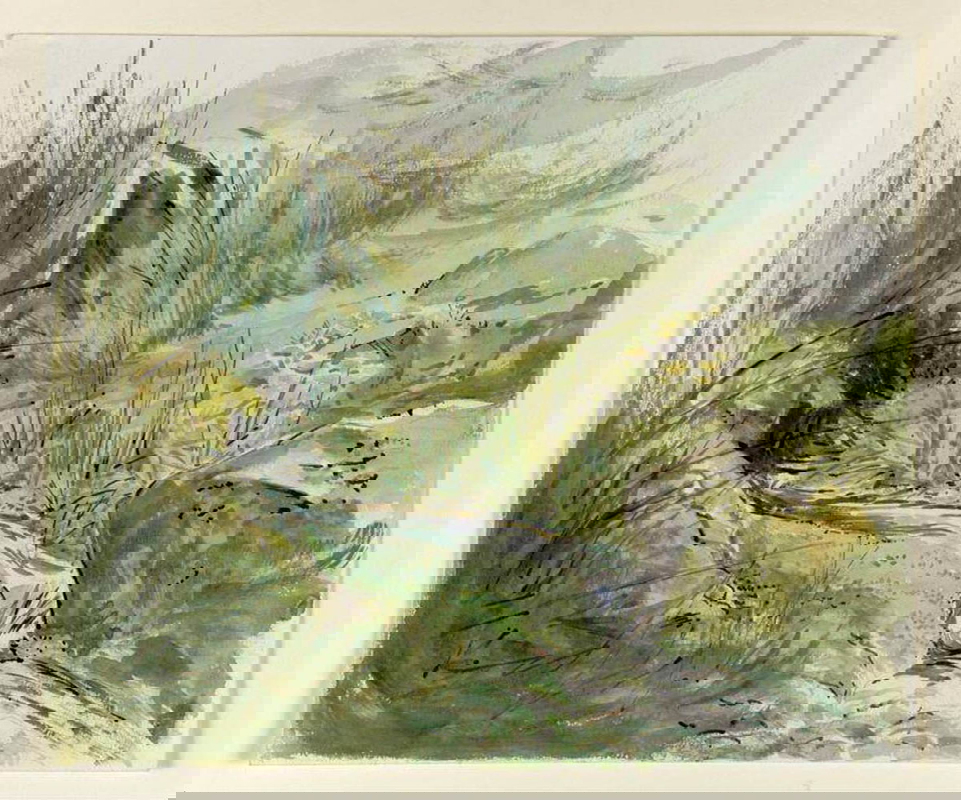 beatrix potter mountain stream landscape watercolor drawing