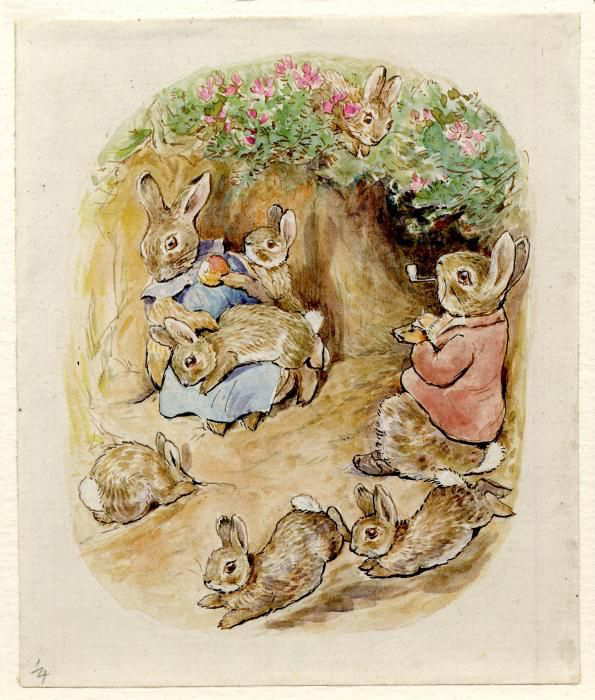 beatrix potter tale flopsy bunnies watercolor drawing