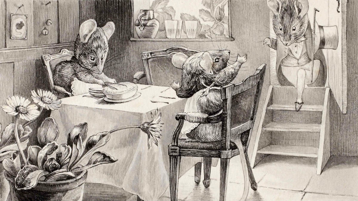 english writer potter dinner mouseland watercolor drawing