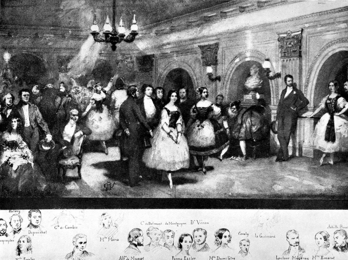 Lithograph by Eugene Lami depicting many famous dancers and their patrons in the Foyer de la Danse of the old Paris Opera, 1841. Source: Wikimedia Commons