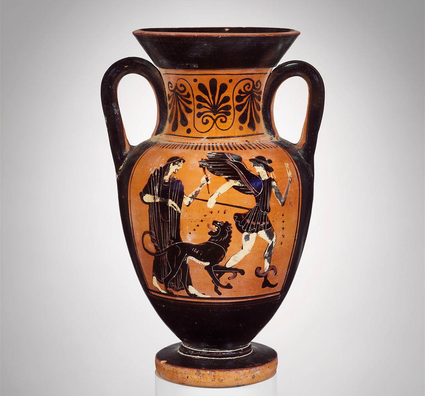 <a href="https://www.metmuseum.org/art/collection/search/256598">Amphora featuring Hera sending out Iris with the Nemea lion,</a> credited to the Diosphos Painter, c. 500 BCE. Source: British Museum