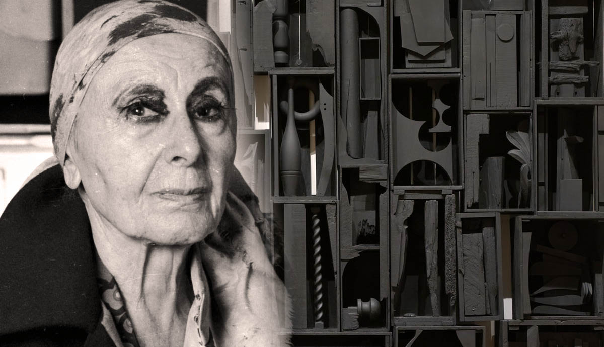 louise nevelson artist with black wall sculpture